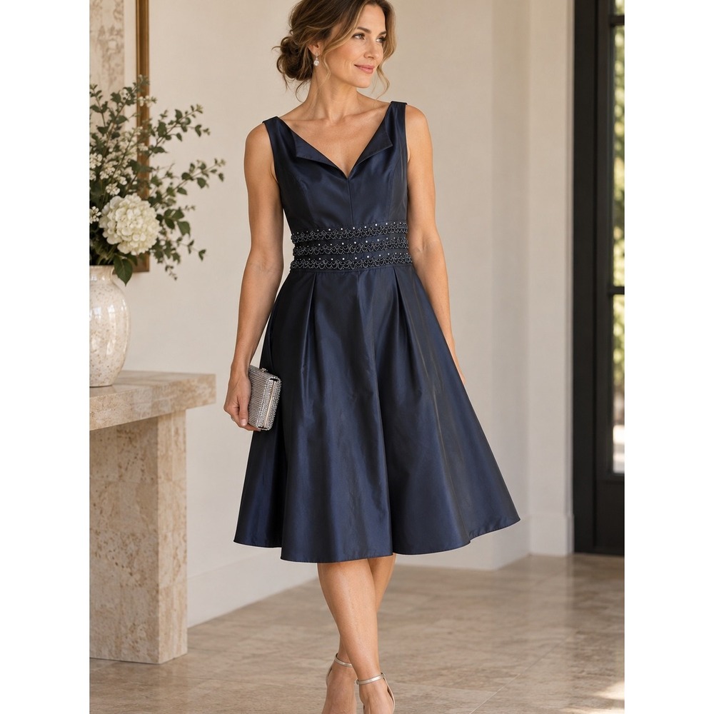 Jones New York Navy Beaded MOB Mother of Bride Wedding Cocktail Dress 12 NWT